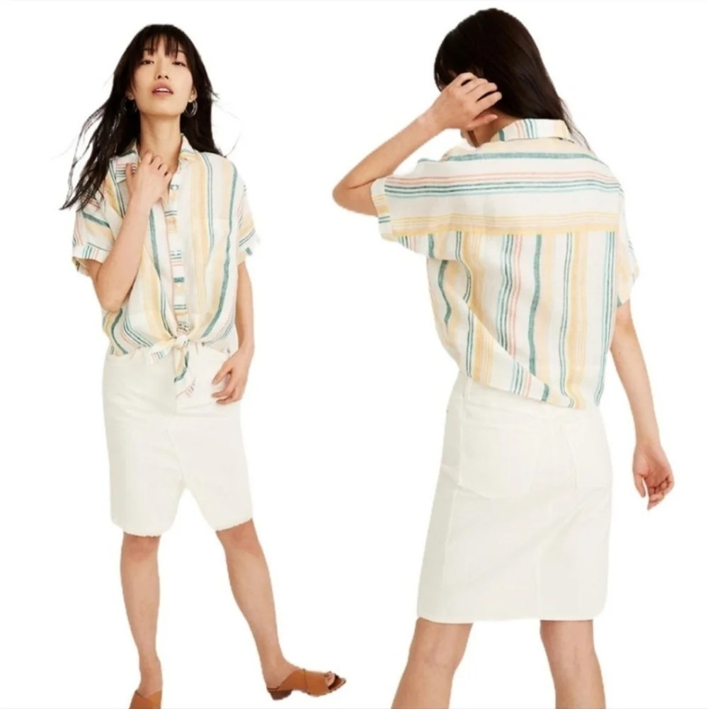 Madewell Pineapple stripe 100% linen tie front shirt XSmall